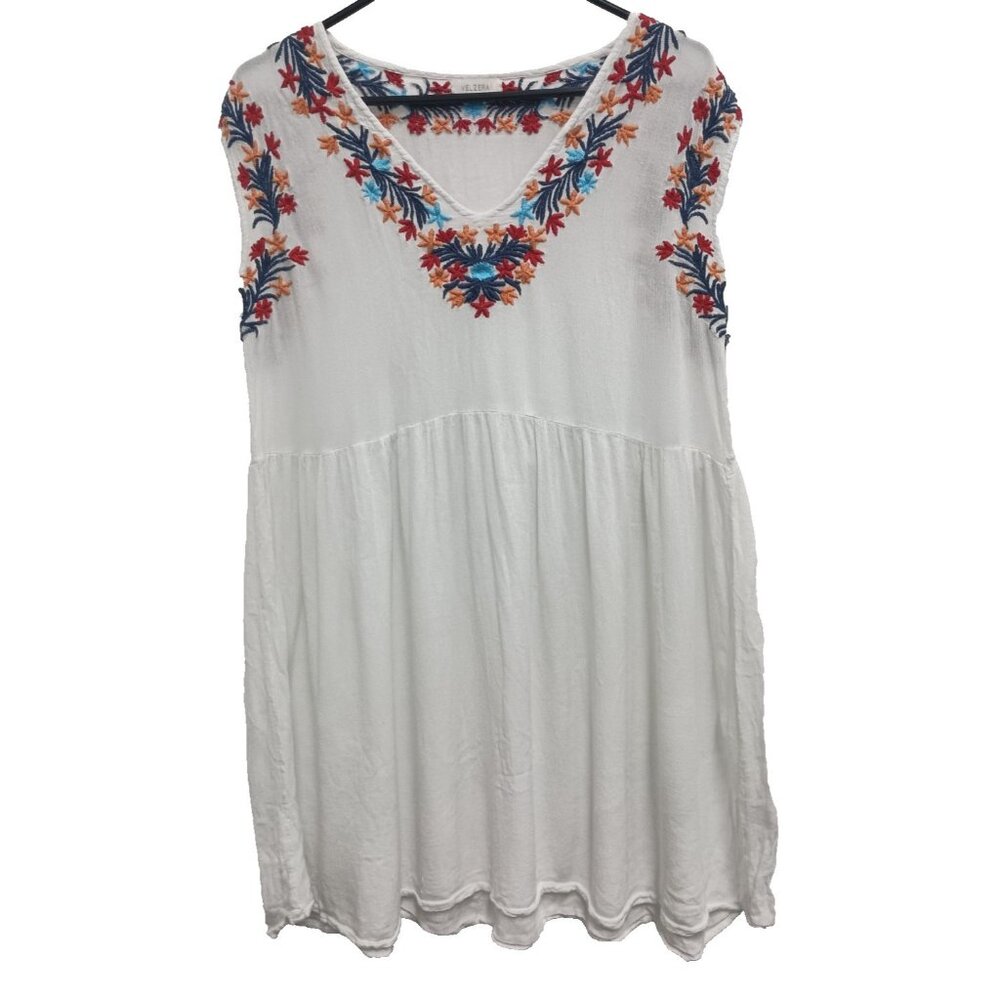 Velzera Womens BOHO Tunic Top Large White Embroidered Gauze Sleeveless Peasant